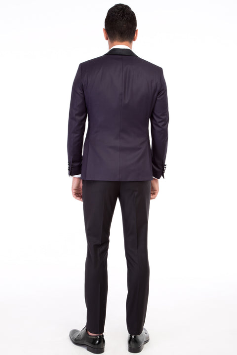 Mor 7 Drop Slim Fit Dar Kesim Şal Yaka Yelekli Smokin & Damatlık