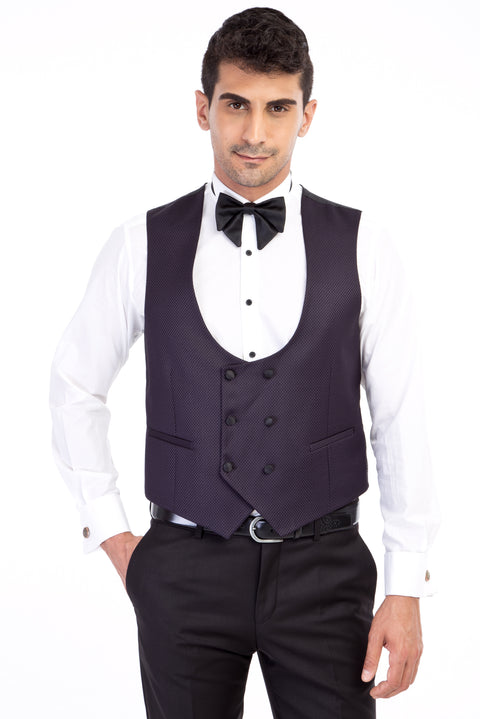 Mor 7 Drop Slim Fit Dar Kesim Şal Yaka Yelekli Smokin & Damatlık