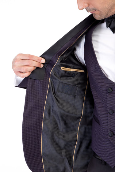 Mor Slim Fit Dar Kesim Şal Yaka Yelekli Smokin / Damatlık