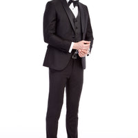 Siyah Slim Fit Dar Kesim Şal Yaka Desenli Yelekli Smokin / Damatlık