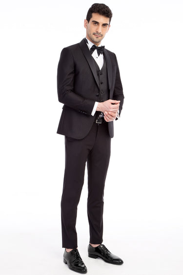 Siyah Slim Fit Dar Kesim Şal Yaka Desenli Yelekli Smokin / Damatlık