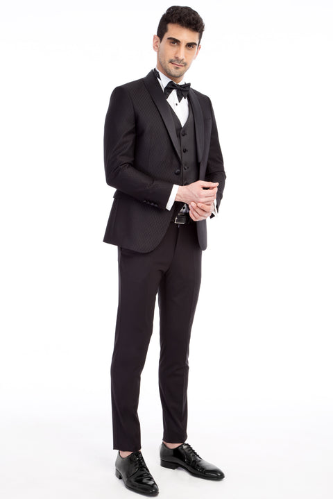 Siyah 7 Drop Slim Fit Dar Kesim Şal Yaka Desenli Yelekli Smokin & Damatlık