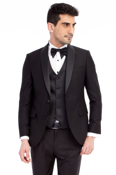 Siyah Slim Fit Dar Kesim Şal Yaka Desenli Yelekli Smokin / Damatlık