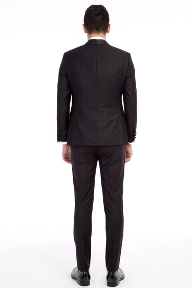 Siyah Slim Fit Dar Kesim Şal Yaka Desenli Yelekli Smokin / Damatlık