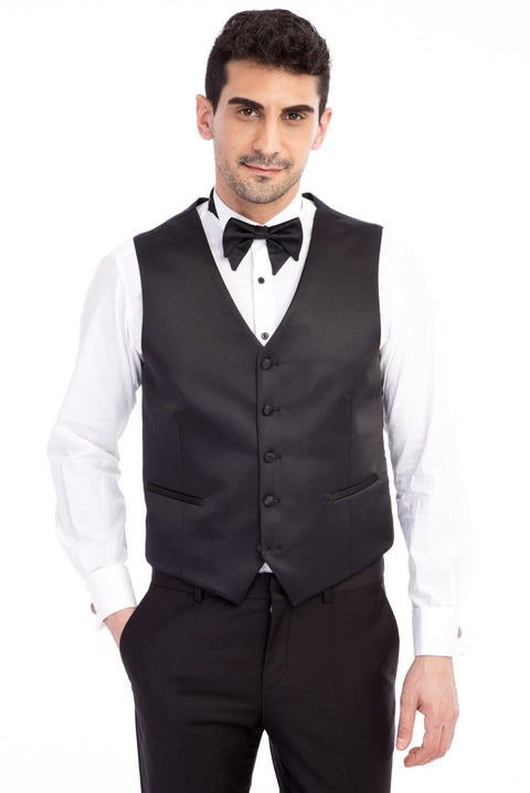 Siyah 7 Drop Slim Fit Dar Kesim Şal Yaka Desenli Yelekli Smokin & Damatlık