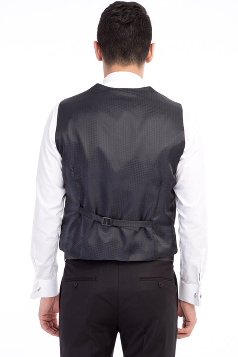 Siyah 7 Drop Slim Fit Dar Kesim Şal Yaka Desenli Yelekli Smokin & Damatlık