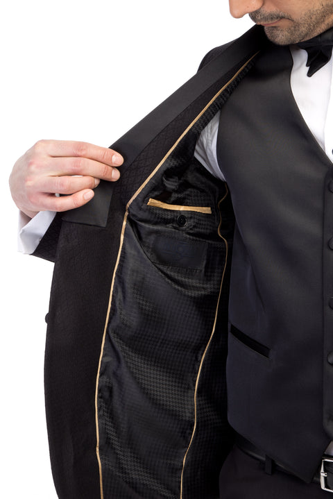 Siyah 7 Drop Slim Fit Dar Kesim Şal Yaka Desenli Yelekli Smokin & Damatlık