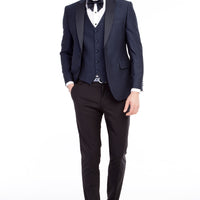 Lacivert Slim Fit Dar Kesim Şal Yaka Desenli Yelekli Smokin & Damatlık