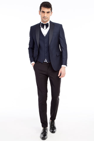  Lacivert Slim Fit Dar Kesim Şal Yaka Desenli Yelekli Smokin & Damatlık