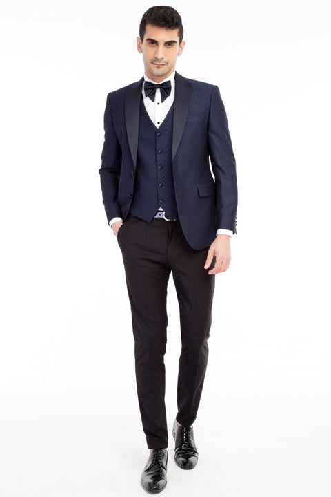 Lacivert 7 Drop Slim Fit Dar Kesim Şal Yaka Desenli Yelekli Smokin & Damatlık