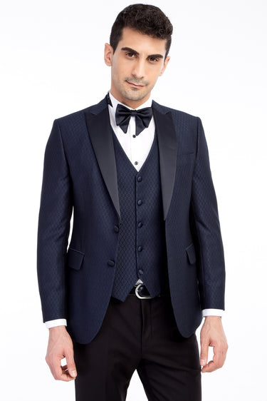  Lacivert Slim Fit Dar Kesim Şal Yaka Desenli Yelekli Smokin & Damatlık
