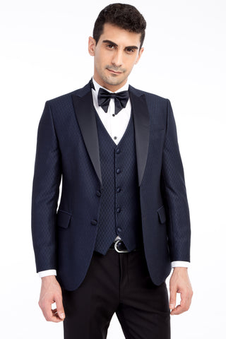  Lacivert 7 Drop Slim Fit Dar Kesim Şal Yaka Desenli Yelekli Smokin & Damatlık