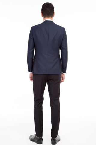  Lacivert Slim Fit Dar Kesim Şal Yaka Desenli Yelekli Smokin & Damatlık