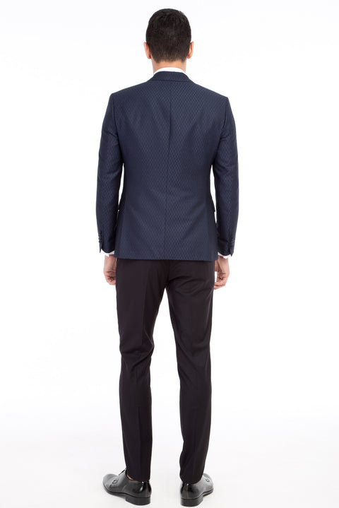 Lacivert 7 Drop Slim Fit Dar Kesim Şal Yaka Desenli Yelekli Smokin & Damatlık