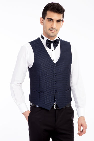  Lacivert Slim Fit Dar Kesim Şal Yaka Desenli Yelekli Smokin & Damatlık