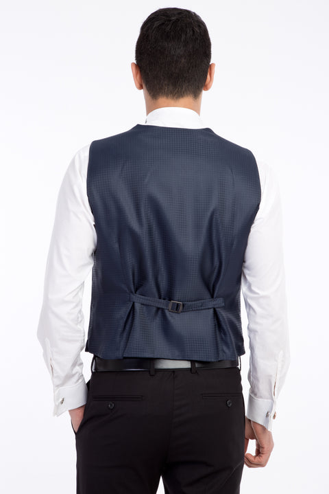 Lacivert 7 Drop Slim Fit Dar Kesim Şal Yaka Desenli Yelekli Smokin & Damatlık