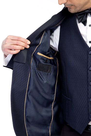 Lacivert Slim Fit Dar Kesim Şal Yaka Desenli Yelekli Smokin & Damatlık