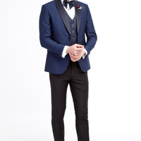 Mavi Slim Fit Dar Kesim Şal Yaka Desenli Yelekli Smokin / Damatlık
