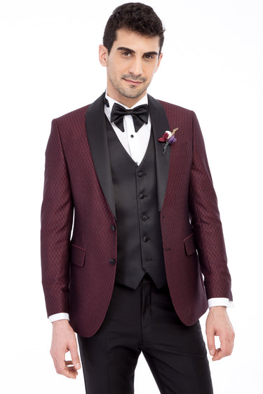  Bordo Slim Fit Dar Kesim Şal Yaka Desenli Yelekli Smokin / Damatlık