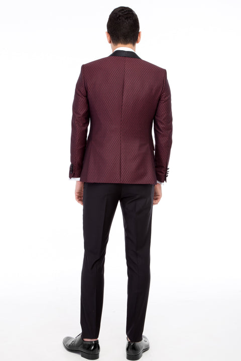 Bordo 7 Drop Slim Fit Dar Kesim Şal Yaka Desenli Yelekli Smokin & Damatlık