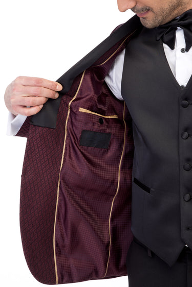 Bordo Slim Fit Dar Kesim Şal Yaka Desenli Yelekli Smokin / Damatlık