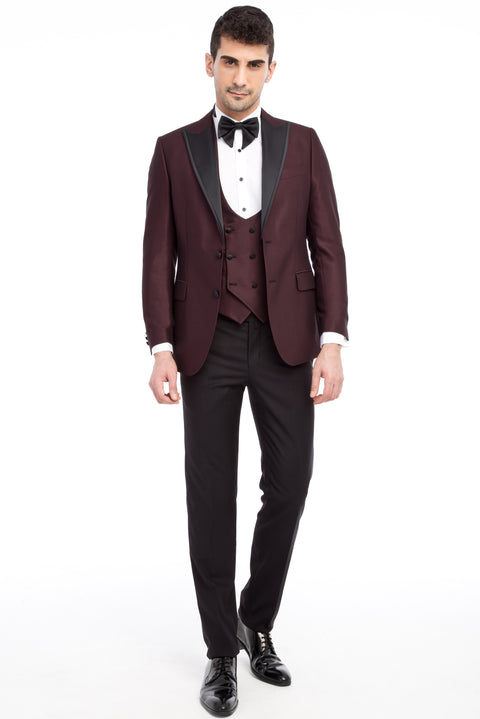 Bordo 6 Drop Regular Fit Standart Kesim Sivri Yaka Desenli Smokin & Damatlık