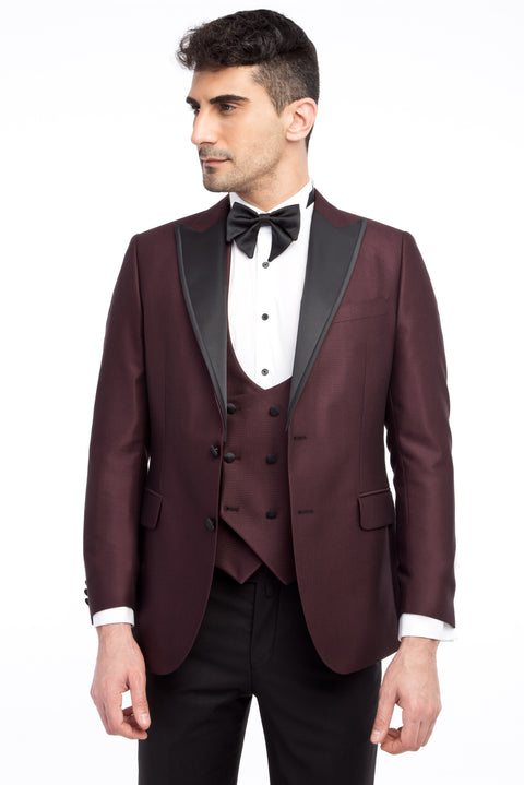 Bordo 6 Drop Regular Fit Standart Kesim Sivri Yaka Desenli Smokin & Damatlık