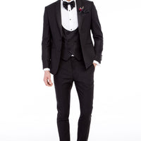 Siyah Slim Fit Dar Kesim Mono Yaka Desenli Yelekli Smokin & Damatlık