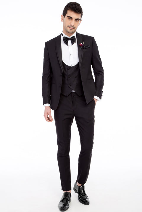 Siyah 7 Drop Slim Fit Dar Kesim Mono Yaka Desenli Yelekli Smokin & Damatlık