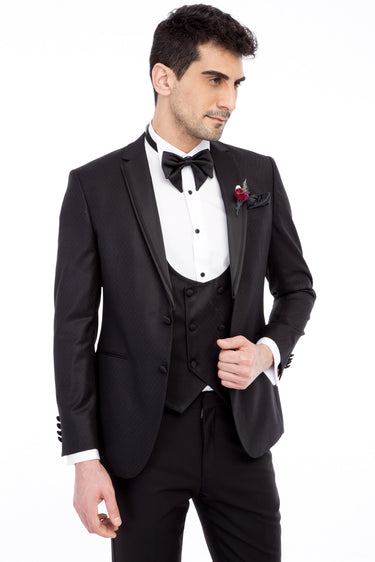 Siyah Slim Fit Dar Kesim Mono Yaka Desenli Yelekli Smokin & Damatlık