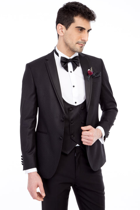 Siyah 7 Drop Slim Fit Dar Kesim Mono Yaka Desenli Yelekli Smokin & Damatlık