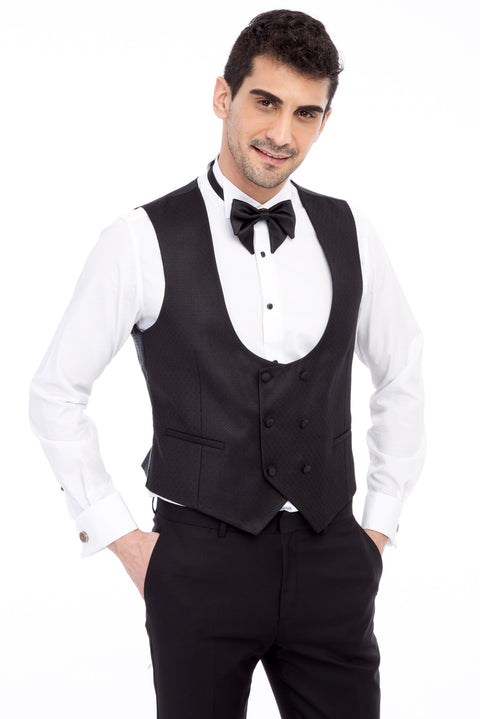Siyah 7 Drop Slim Fit Dar Kesim Mono Yaka Desenli Yelekli Smokin & Damatlık