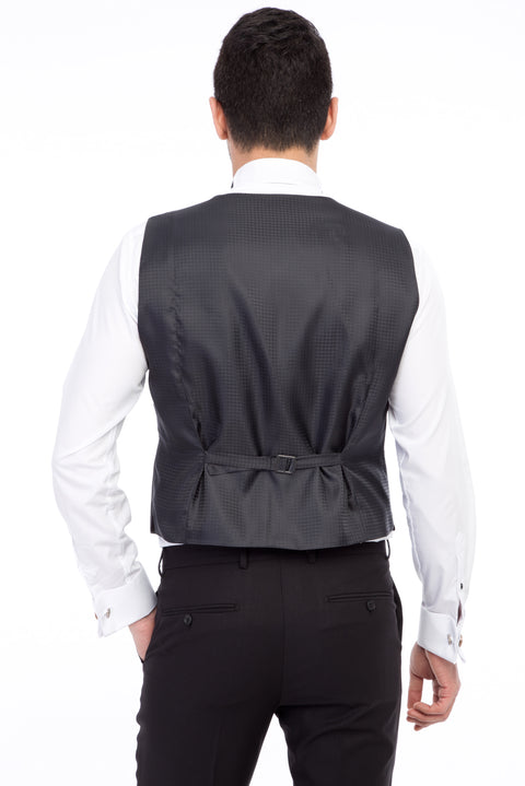 Siyah 7 Drop Slim Fit Dar Kesim Mono Yaka Desenli Yelekli Smokin & Damatlık