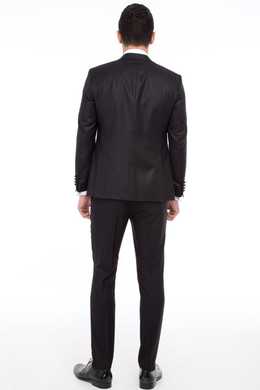 Siyah Slim Fit Dar Kesim Mono Yaka Desenli Yelekli Smokin & Damatlık