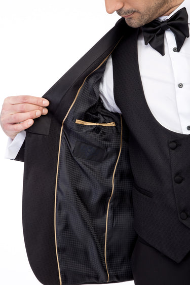 Siyah Slim Fit Dar Kesim Mono Yaka Desenli Yelekli Smokin & Damatlık