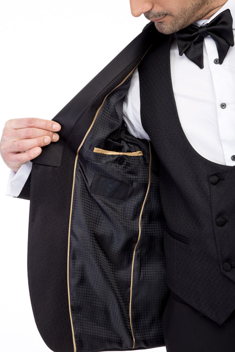 Siyah 7 Drop Slim Fit Dar Kesim Mono Yaka Desenli Yelekli Smokin & Damatlık