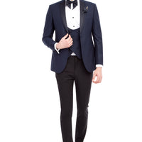 Lacivert Slim Fit Dar Kesim Mono Yaka Desenli Yelekli Smokin & Damatlık