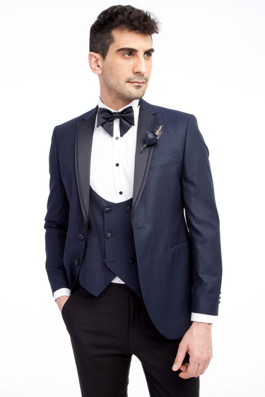  Lacivert Slim Fit Dar Kesim Mono Yaka Desenli Yelekli Smokin & Damatlık