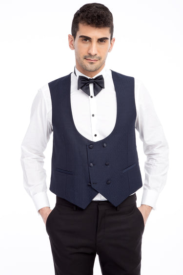  Lacivert Slim Fit Dar Kesim Mono Yaka Desenli Yelekli Smokin & Damatlık