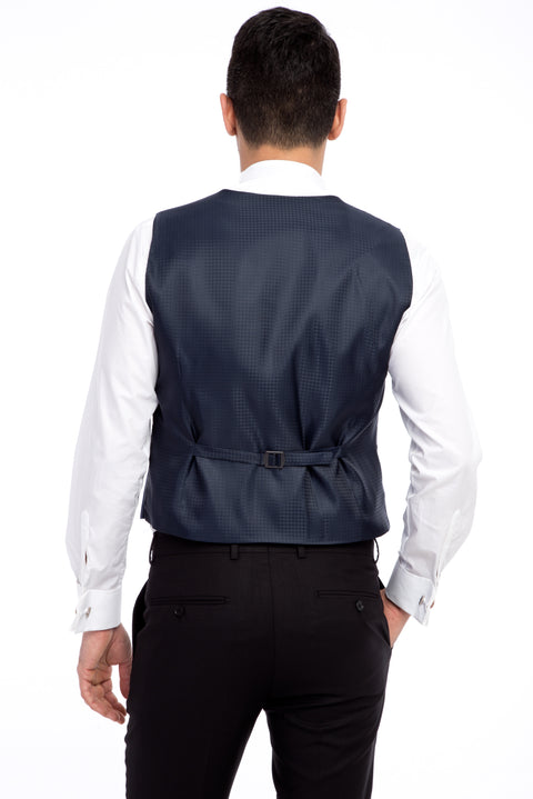 Lacivert 7 Drop Slim Fit Dar Kesim Mono Yaka Desenli Yelekli Smokin & Damatlık