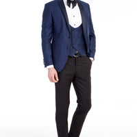 Mavi Slim Fit Dar Kesim Mono Yaka Desenli Yelekli Smokin / Damatlık