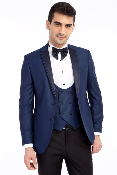 Mavi Slim Fit Dar Kesim Mono Yaka Desenli Yelekli Smokin / Damatlık