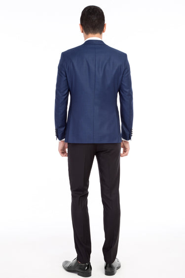 Mavi Slim Fit Dar Kesim Mono Yaka Desenli Yelekli Smokin / Damatlık