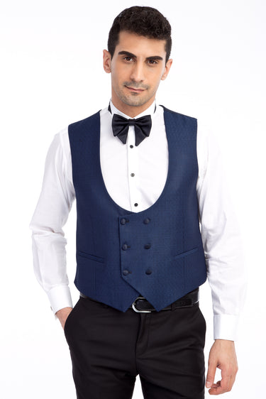 Mavi Slim Fit Dar Kesim Mono Yaka Desenli Yelekli Smokin / Damatlık