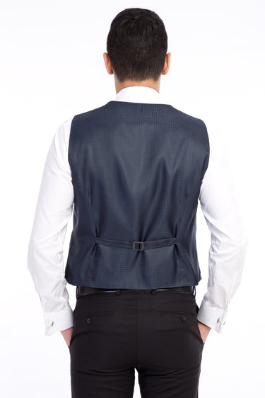 Mavi Slim Fit Dar Kesim Mono Yaka Desenli Yelekli Smokin / Damatlık