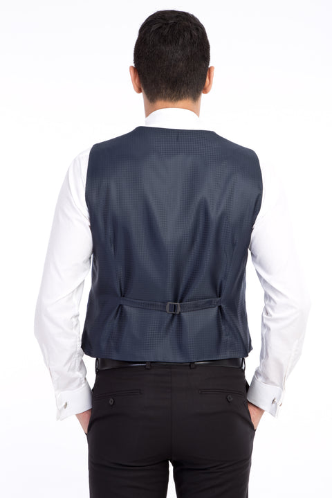 Mavi 7 Drop Slim Fit Dar Kesim Mono Yaka Desenli Yelekli Smokin & Damatlık