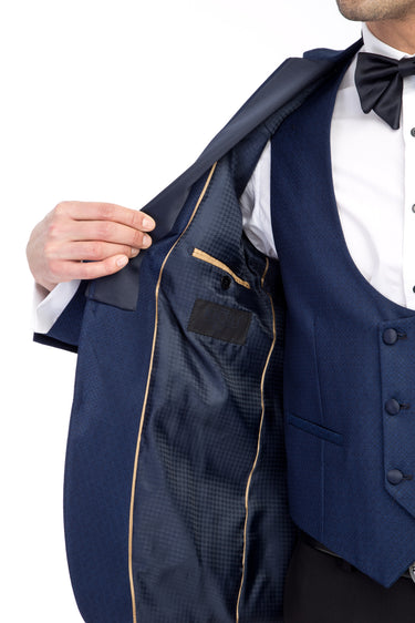 Mavi Slim Fit Dar Kesim Mono Yaka Desenli Yelekli Smokin / Damatlık