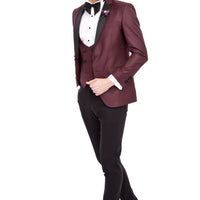Bordo Slim Fit Dar Kesim Mono Yaka Desenli Yelekli Smokin / Damatlık