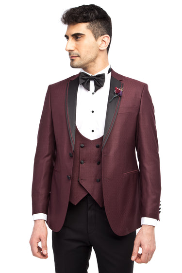  Bordo Slim Fit Dar Kesim Mono Yaka Desenli Yelekli Smokin / Damatlık