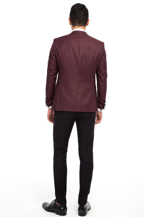 Bordo 7 Drop Slim Fit Dar Kesim Mono Yaka Desenli Yelekli Smokin & Damatlık